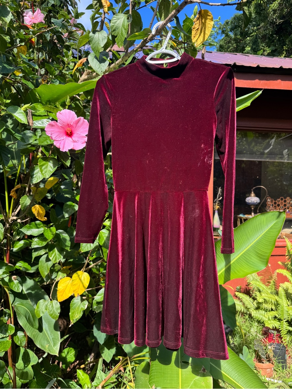 Girls' Burgundy Velvet Long-Sleeve Dress